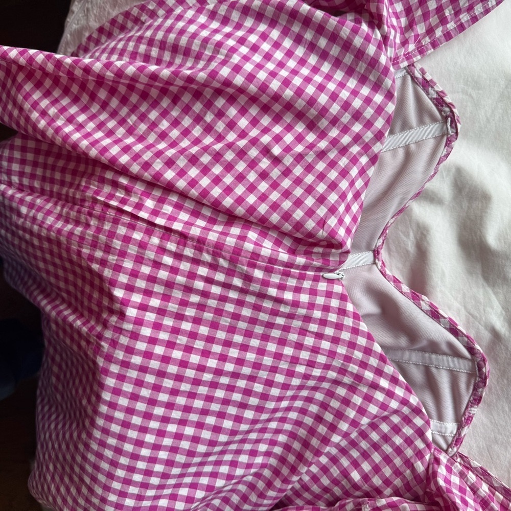Caroline Constas Pink Gingham Off-the-Shoulders Puff-Sleeve Blouse - Picture 6 of 7